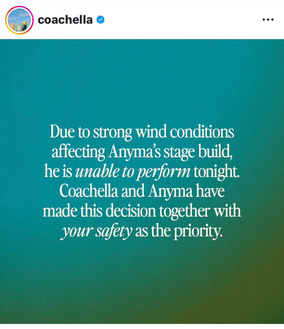 由于天气原因，Lisa科切拉舞台取消 