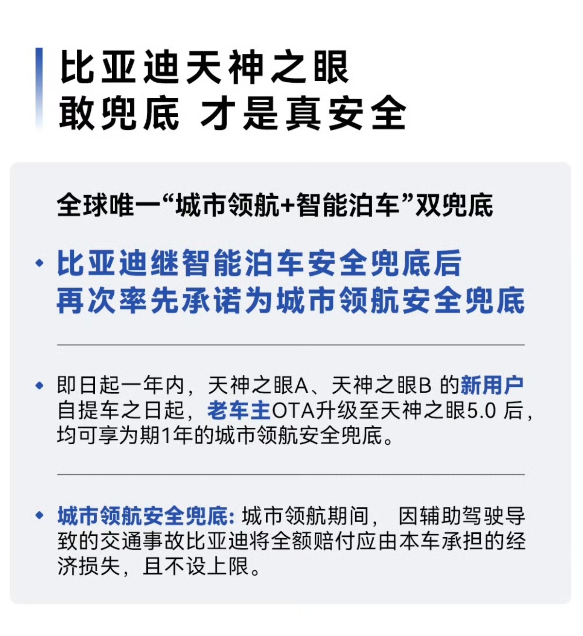 「敢兜底，才是真安全！」从兜底智能泊车，到兜底城市领航，比亚迪用行动科技是服务于