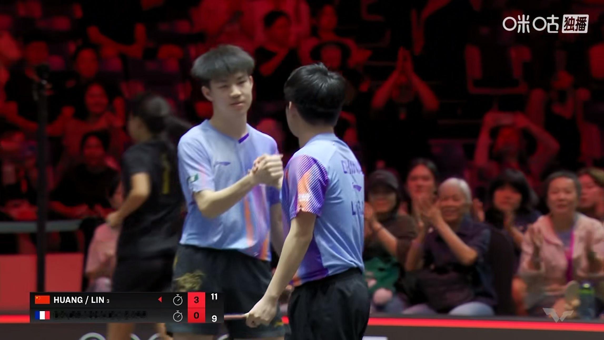 林诗栋/黄友政3比0布尔拉萨德/多尔(11-5，13-11，11-9)晋级WTT