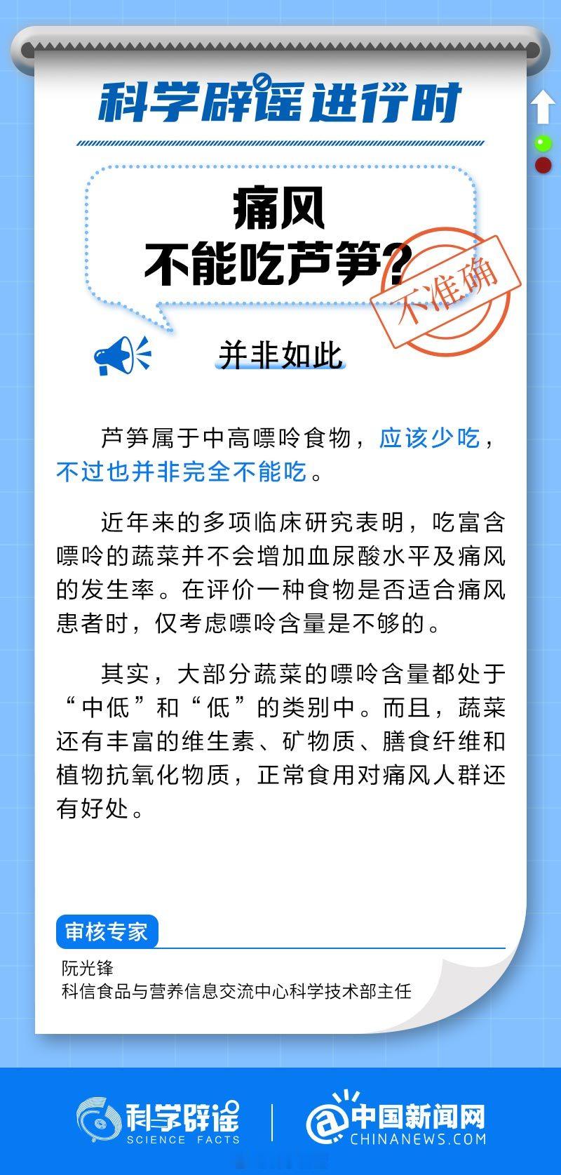 #科学辟谣进行时# 【#痛风不能吃芦笋吗#?】不准确。芦笋属于中高嘌呤食物，应该