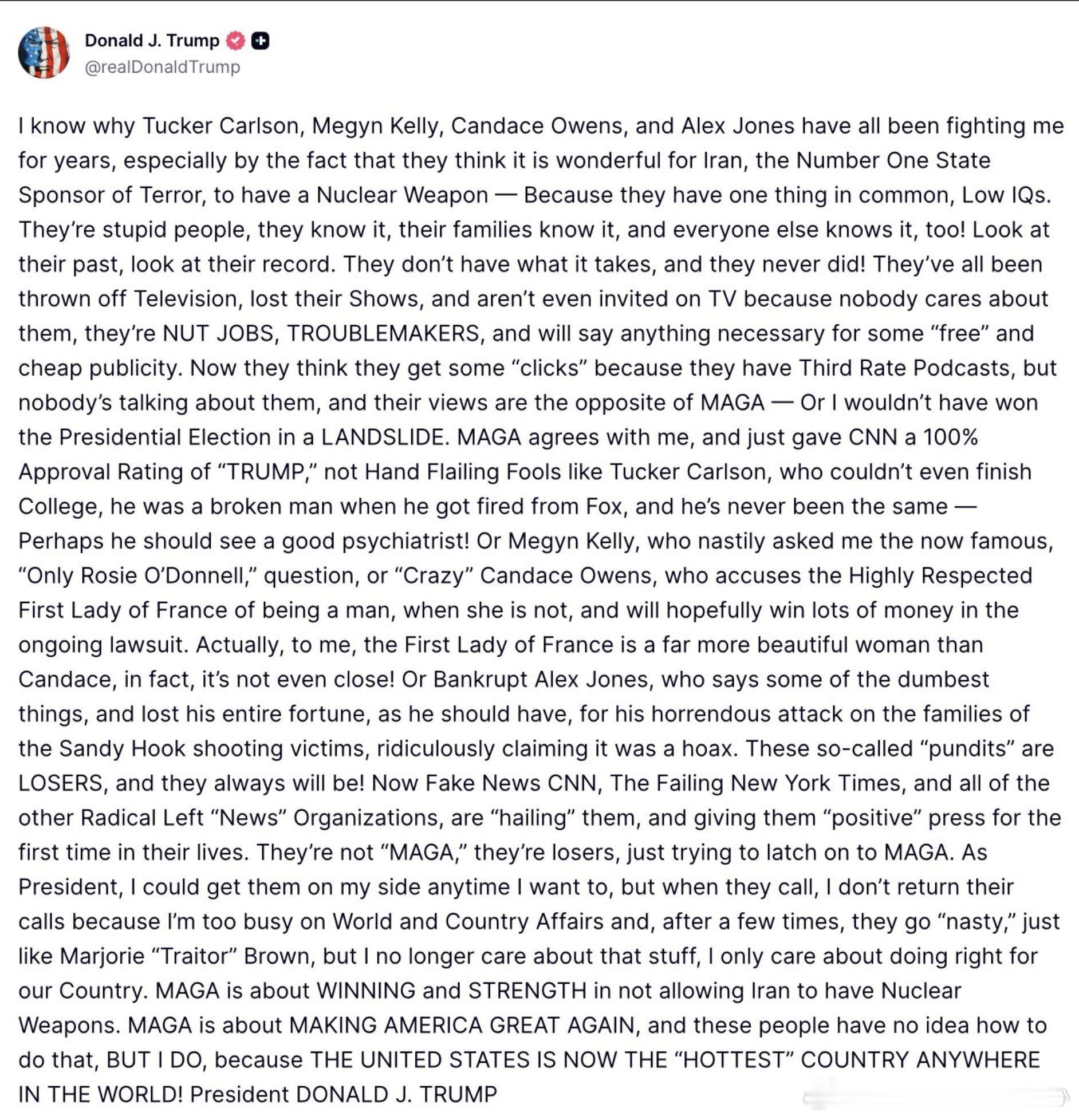 特朗普这算是和著名MAGA粉塔克·卡尔森、坎迪斯·欧文斯、亚历克斯·琼斯和梅根·