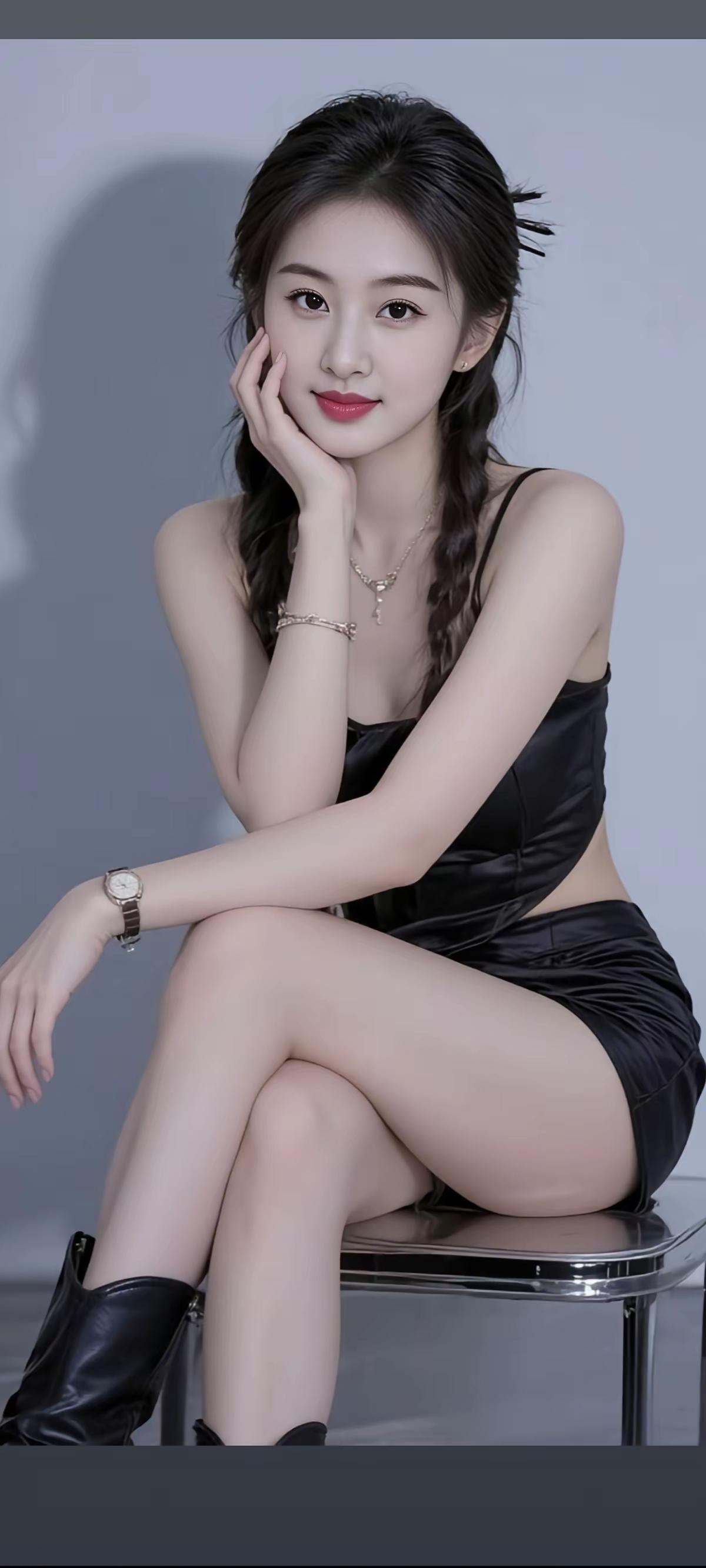 甜美少女风，黑丝绒连衣裙，优雅气质，轻松自然。美