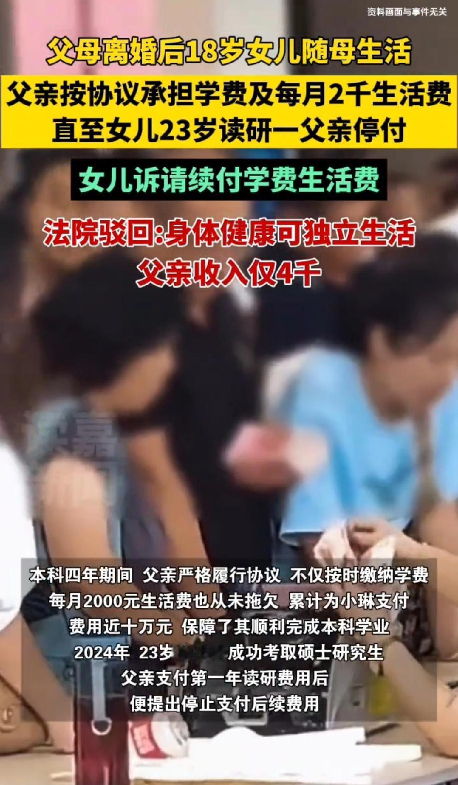 谁能想到，辛辛苦苦供女儿读完本科的爸爸，竟然被23岁的研究生女儿告了！

事情是