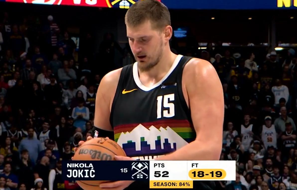 比赛结束，掘金142-138取胜，约基奇炸裂表演，21投15中，罚球23罚22中