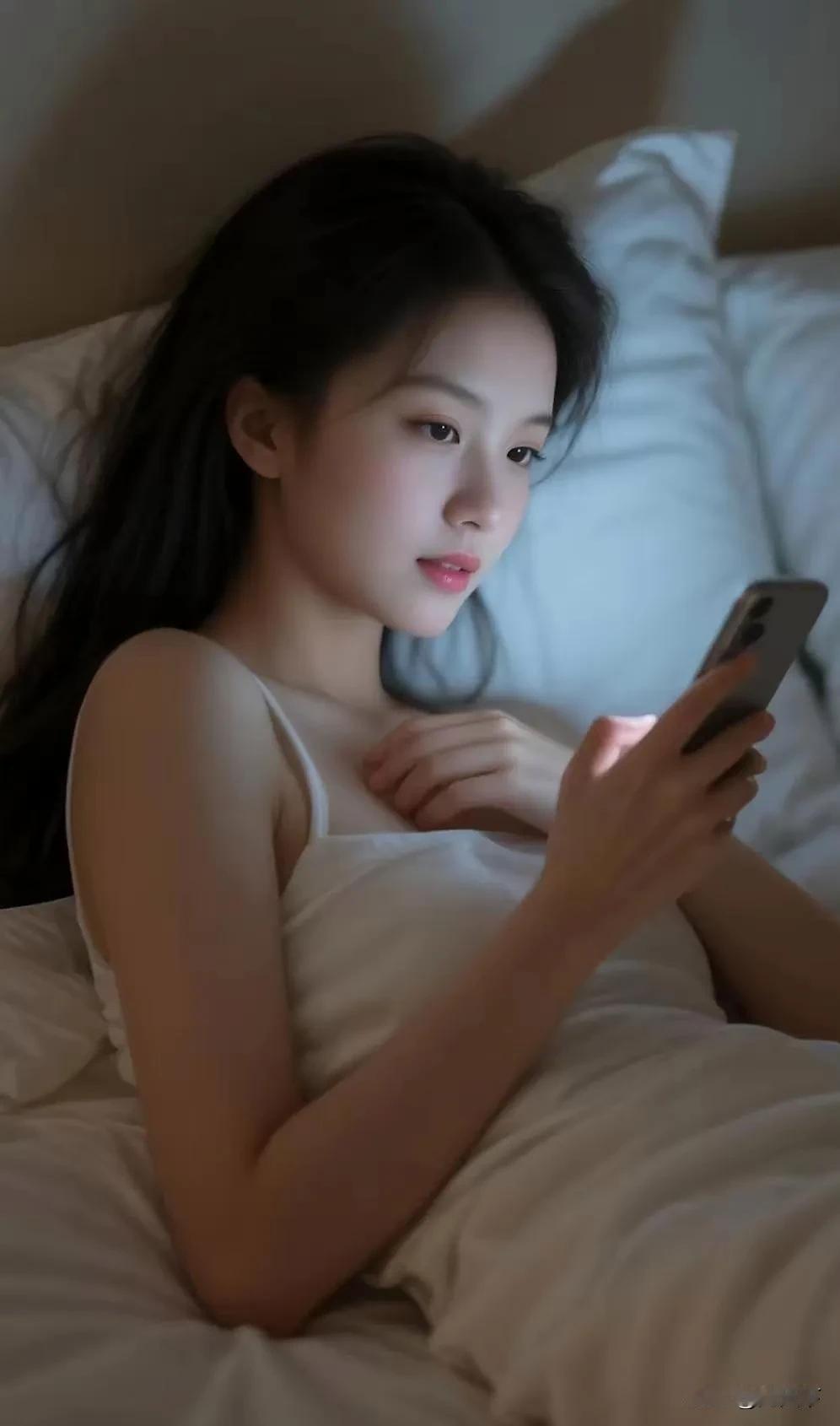夜色漫过床沿，枕着柔软月光，手指在屏幕轻划，像触摸一场无声的潮汐，思绪在明暗里沉