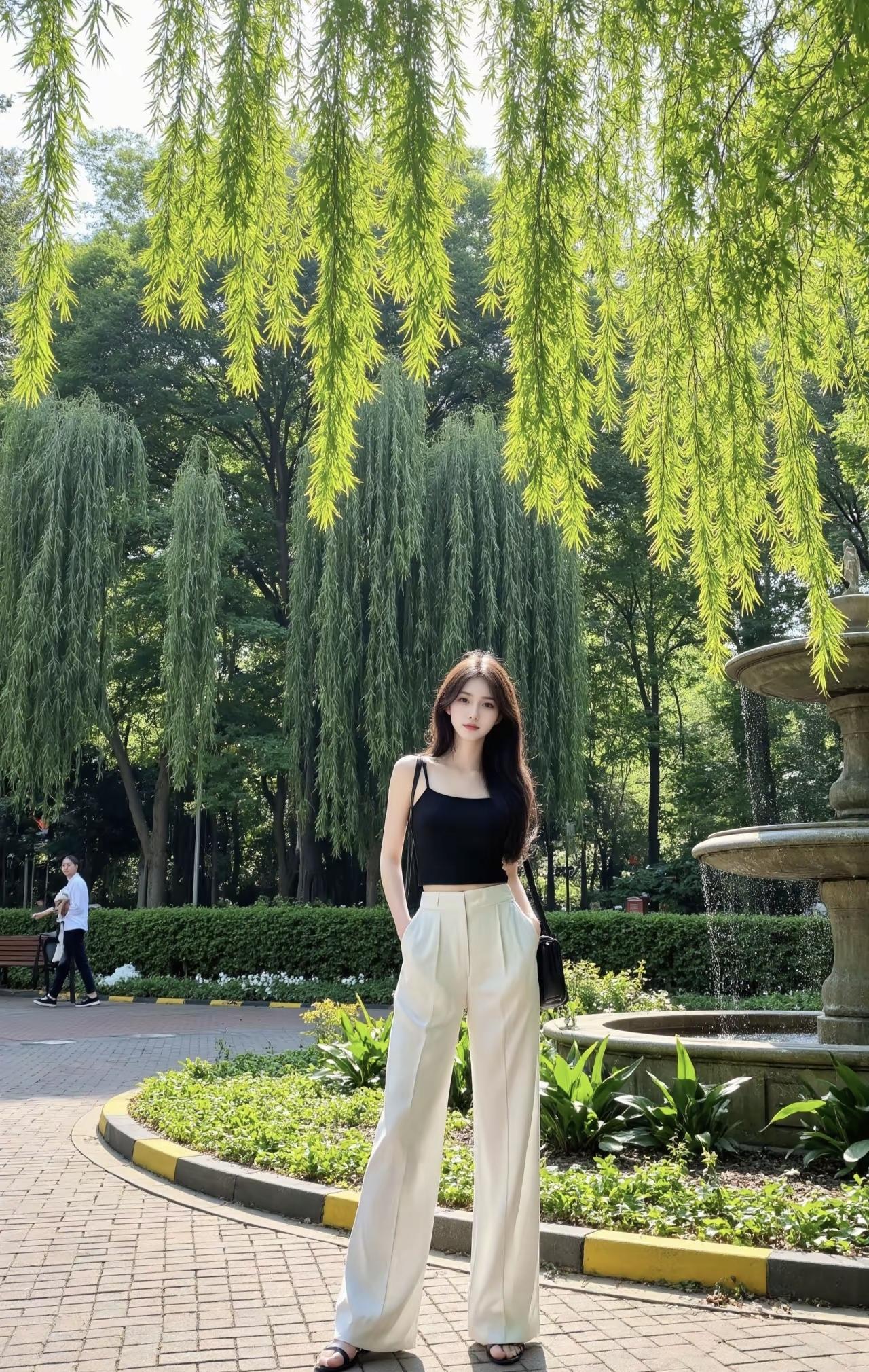 风把柳叶揉成软帘，喷泉碎成星子落进夏光里。吊带裹着松弛的热意，阔腿裤晃过砖路，连