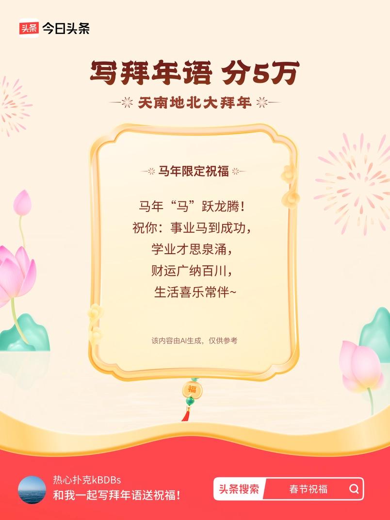 写拜年语送祝福新春拜年送祝福！我的祝福是：“马年“马”跃龙腾！祝你：事业马到成功