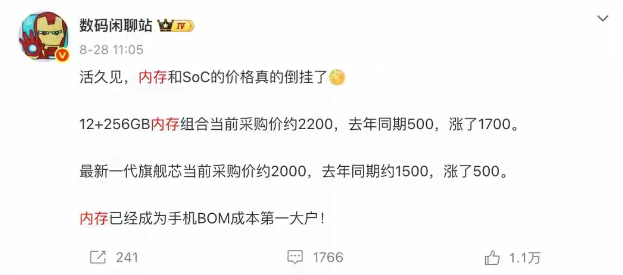 内存涨价真是把手机厂商逼疯了。12+256GB采购价从500元飙到2200元，荣