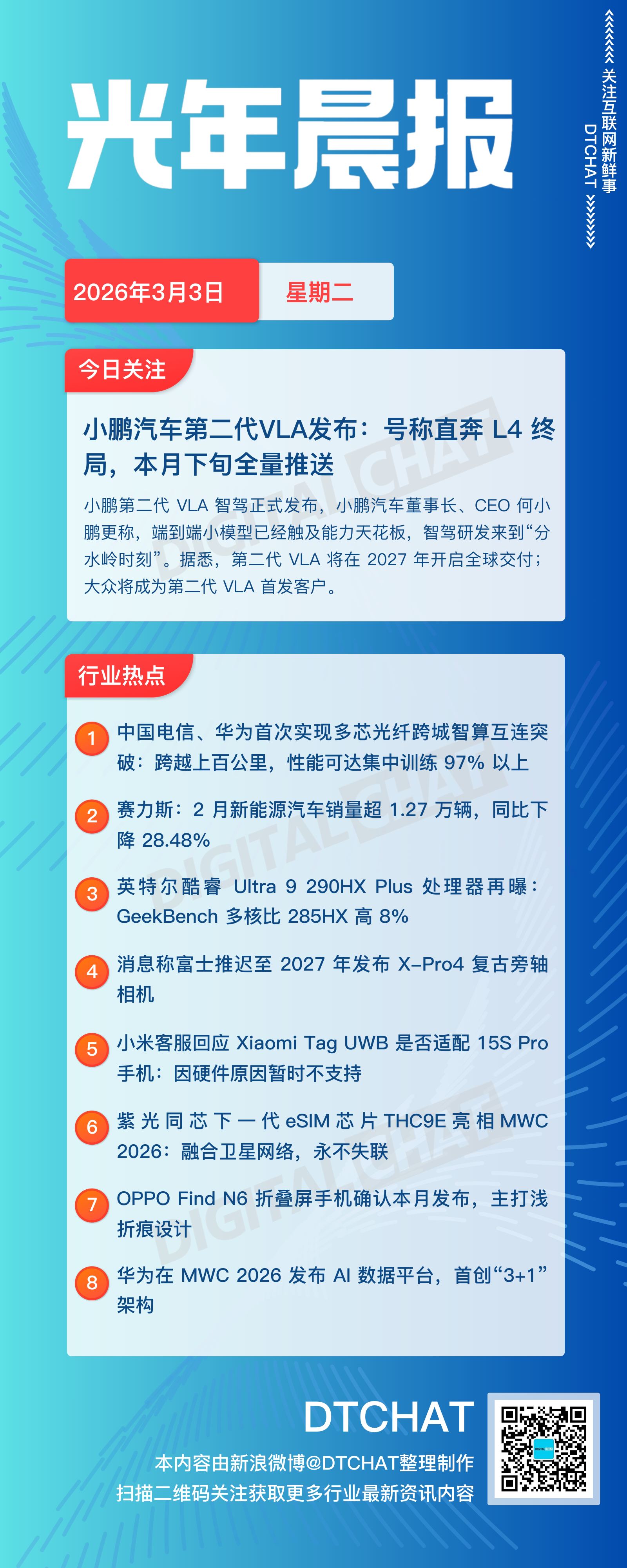 vol.914｜3月3日：DTCHAT光年晨报今日关注：小鹏汽车第二代VLA发布