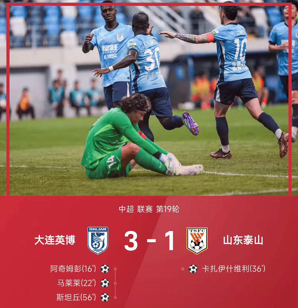26赛季中超联赛第19轮，大连英博3-1战胜山东泰山。上半场王大雷屡救险，阿奇姆