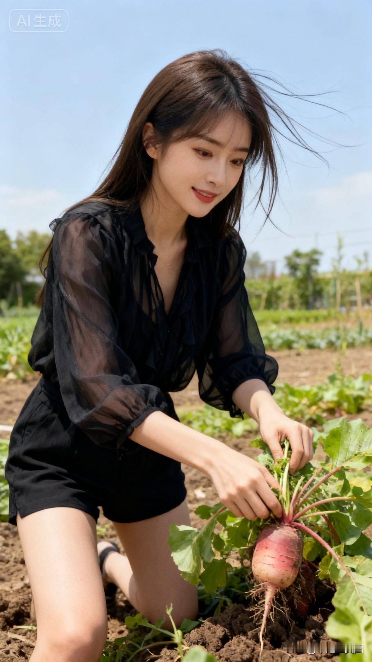 这个女生在田里拔萝卜呢。