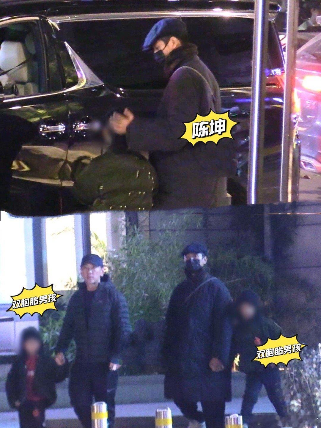 陈坤被偶遇带一对双胞胎男孩吃饭，上车还宠溺的摸男孩头发，超温柔，对于已经有一个儿