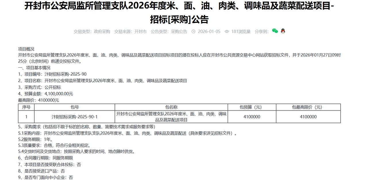 开封市公安局监所管理支队2026年度米、面、油、肉类、调味品及蔬菜配送项目-招标