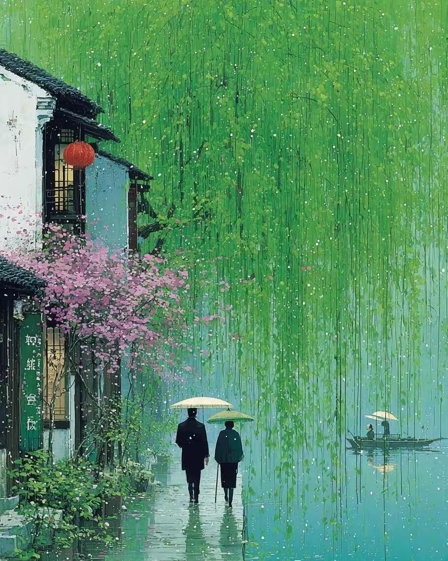 烟雨行
柳丝垂雨织烟罗，
花影依楼映碧波。
伞下双行人不语，
一帘春梦共消磨。