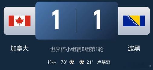【加拿大1-1波黑，卢基奇、拉林破门，科拉希纳茨救险】        北京时间2