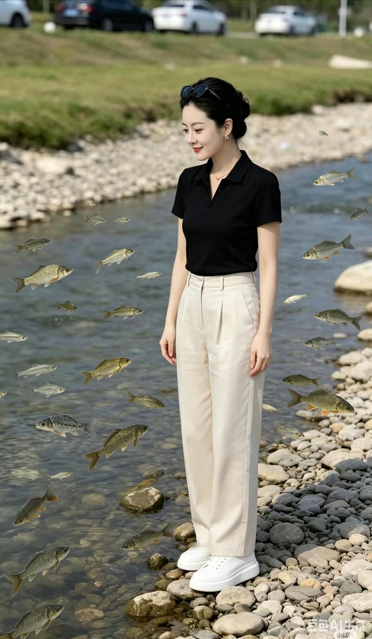 溪畔闲趣
 
清清溪水绕滩流，
卵石层层岸上头。
黑衫素雅精神爽，
素裤从容气度