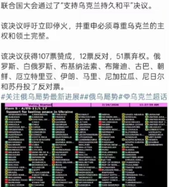 弱国无外交啊，支持乌克兰的国家只有107个，但是支持俄罗斯的国家居然高达12个。