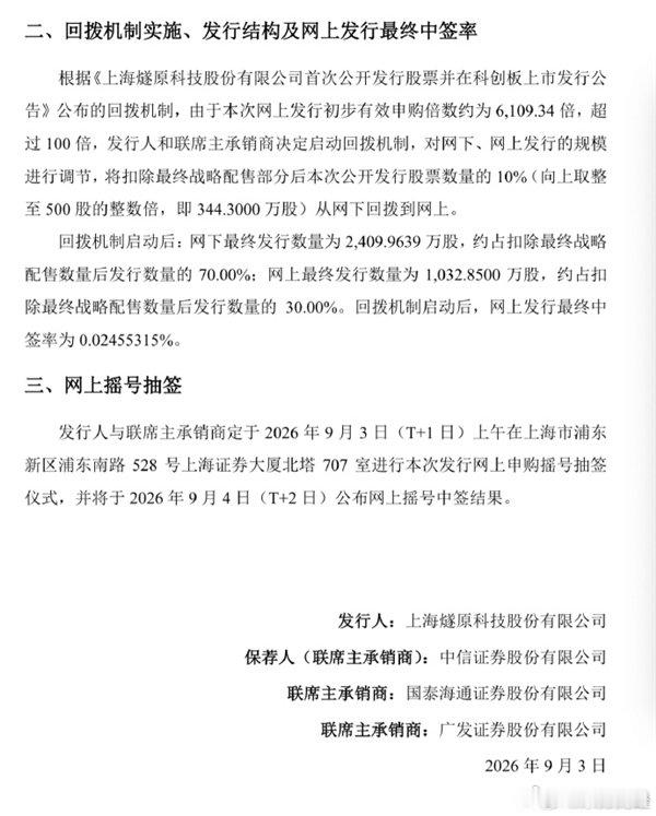 【燧原科技中签率0.02455%】快科技9月3日消息，9月2日，燧原科技发布公告