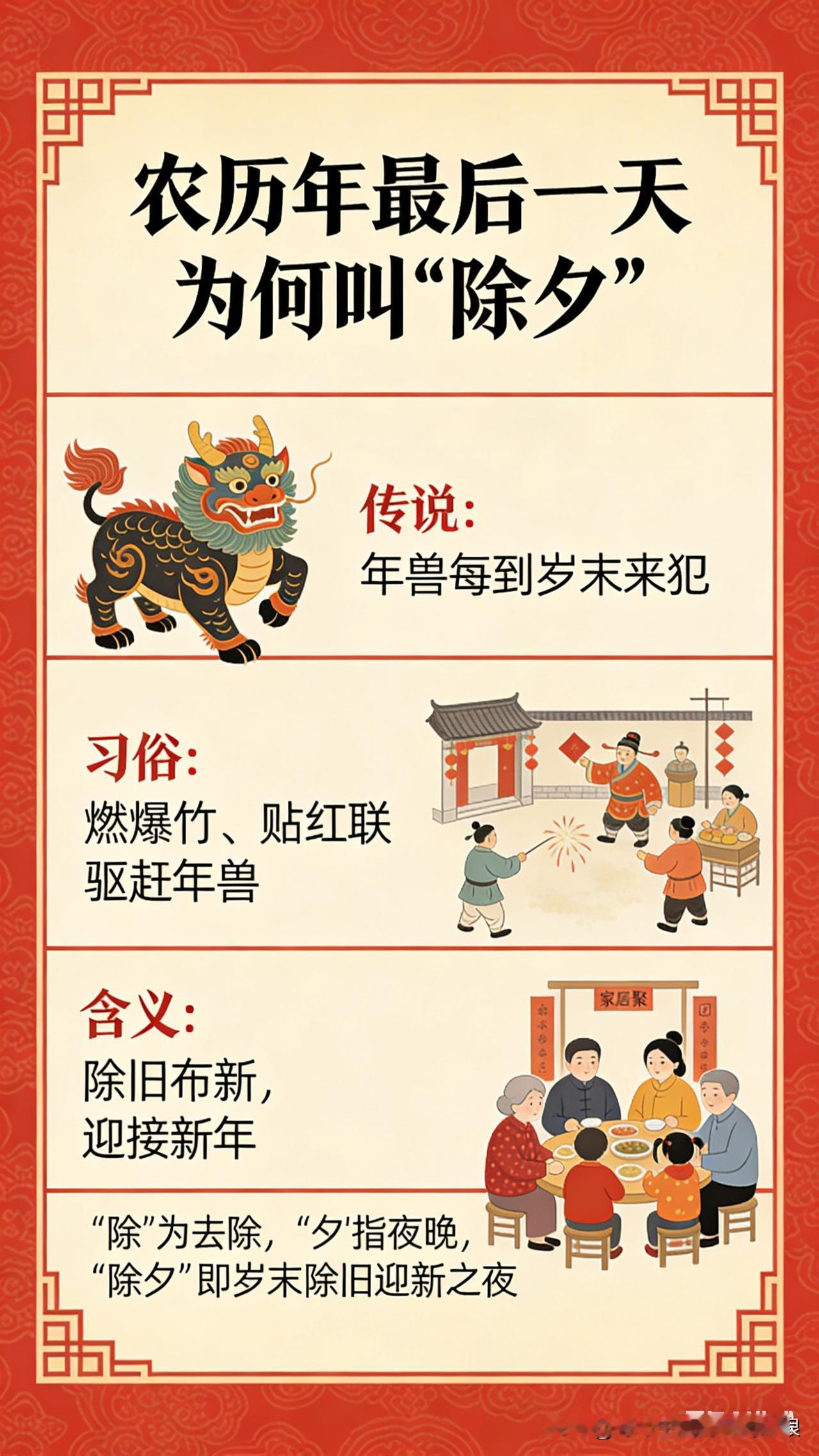 为啥农历最后一天叫除夕？一句话讲明白
 
“除”=除掉、送走旧岁；“夕”=这最后