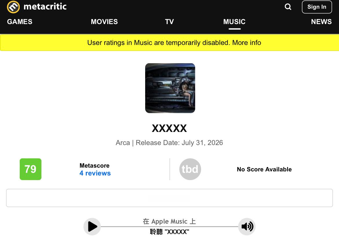 【乐评速递】Arca 第九张录音室专辑『XXXXX』Metacritic 综评以