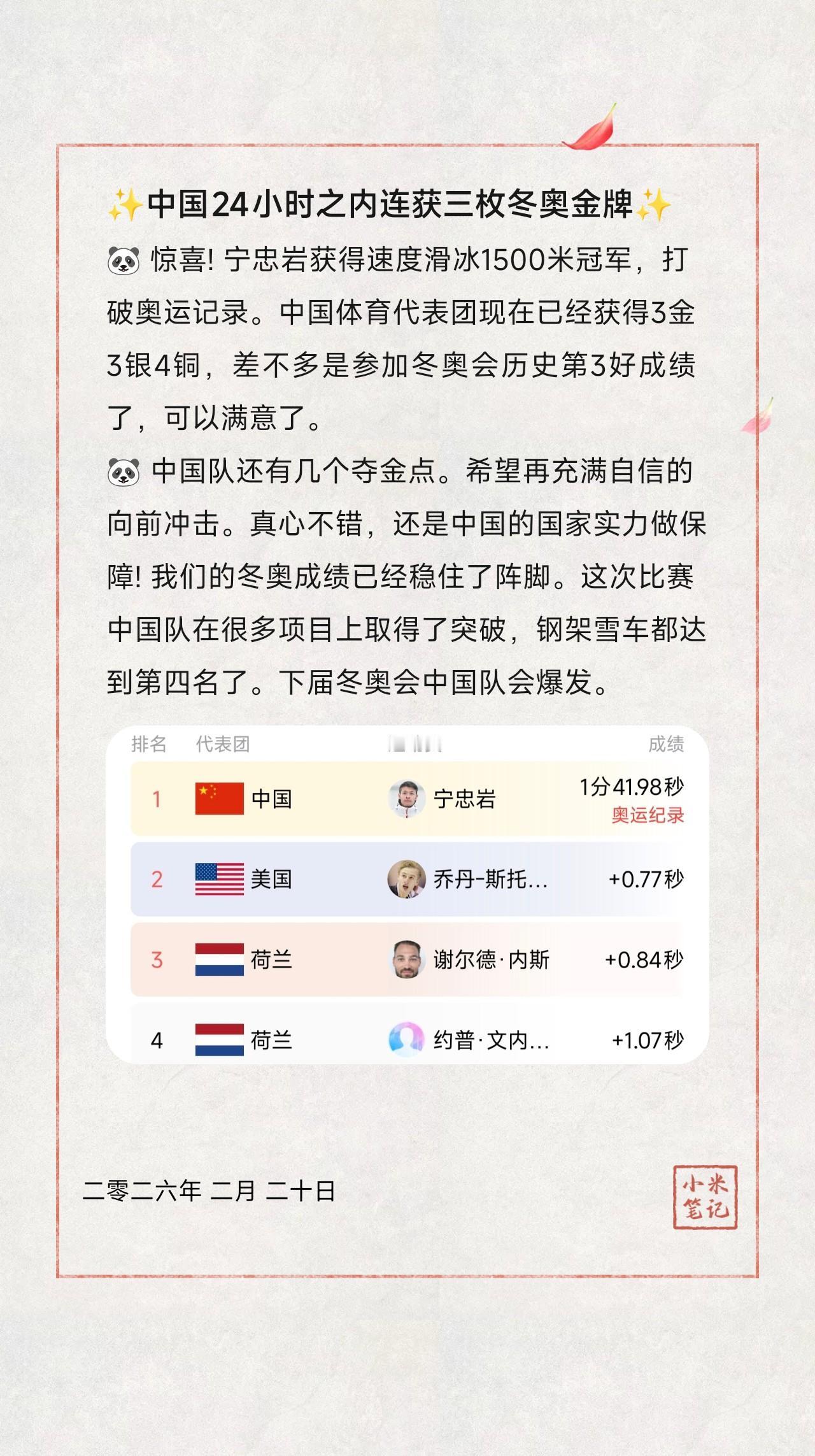 🐼 惊喜! 宁忠岩获得速度滑冰1500米冠军，打破奥运记录。中国体育代表团现在