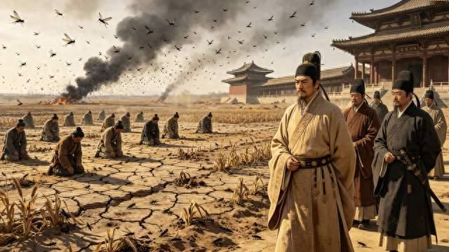 蝗灾时唐太宗抓起蝗虫就吞，群臣吓坏，他说：让蝗虫吃我肺肠