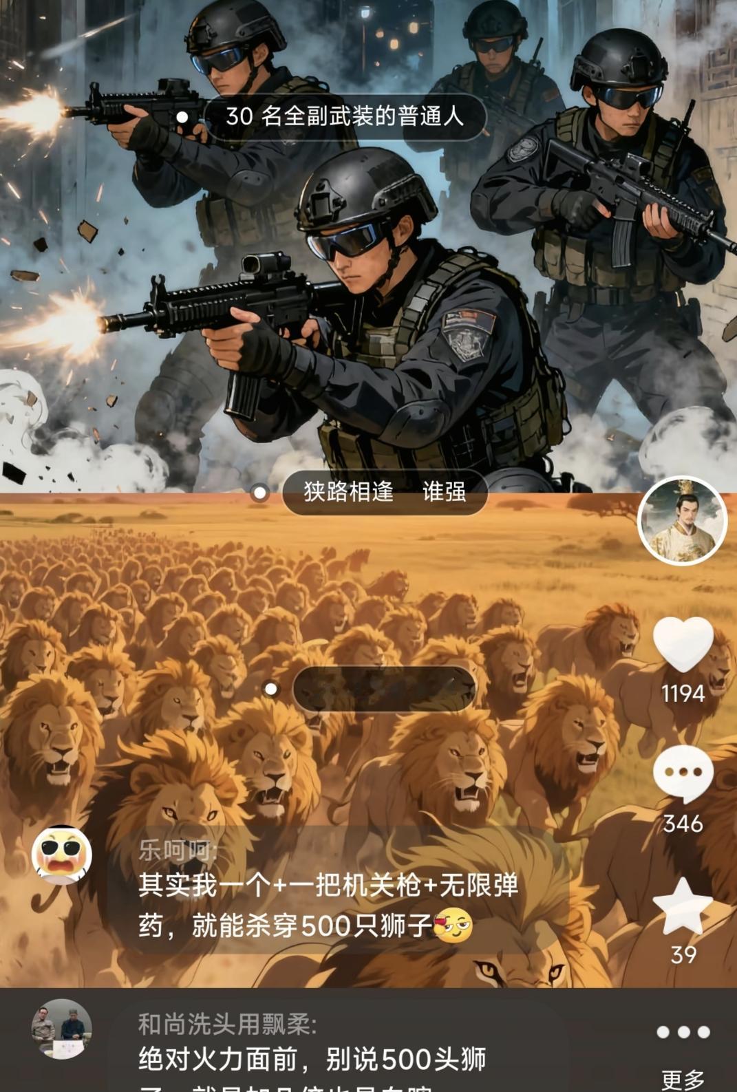 30个全副武装的普通人，对500头非洲狮，狭路相逢谁能赢？

A： 30个全副武