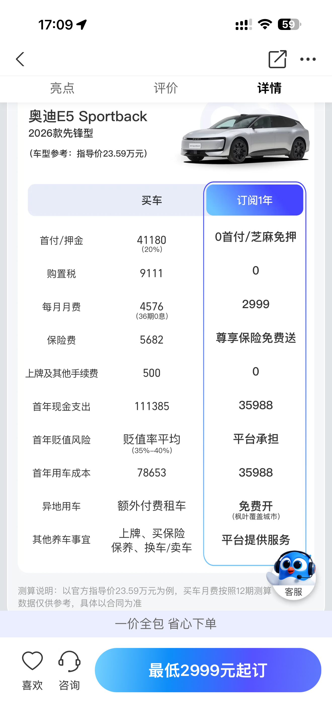 奥迪E5 Sportback租车开一年3.6万，包含全险。这个价位的电车一年全险