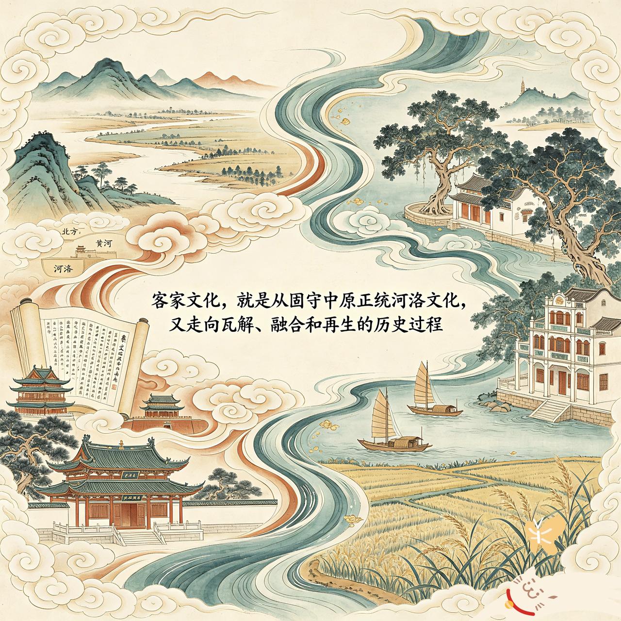 “中原历代客家移民”的发展历史，其实就是从固守中原正统河洛文化，一直到瓦解融入百