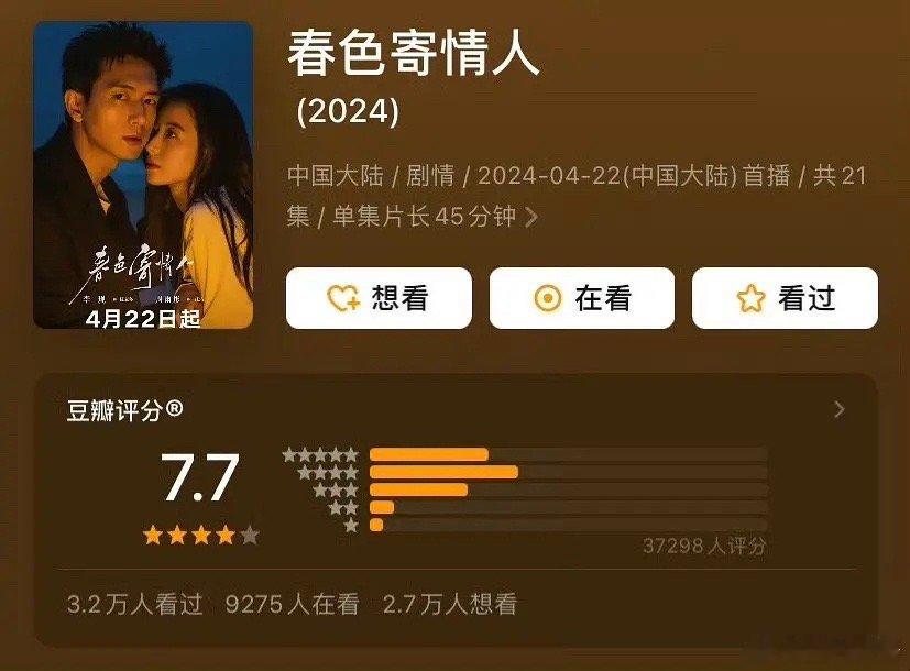 春色寄情人和维和防暴队都开分了，一个7.7分，一个5.6分，一个电视剧 ，一个电