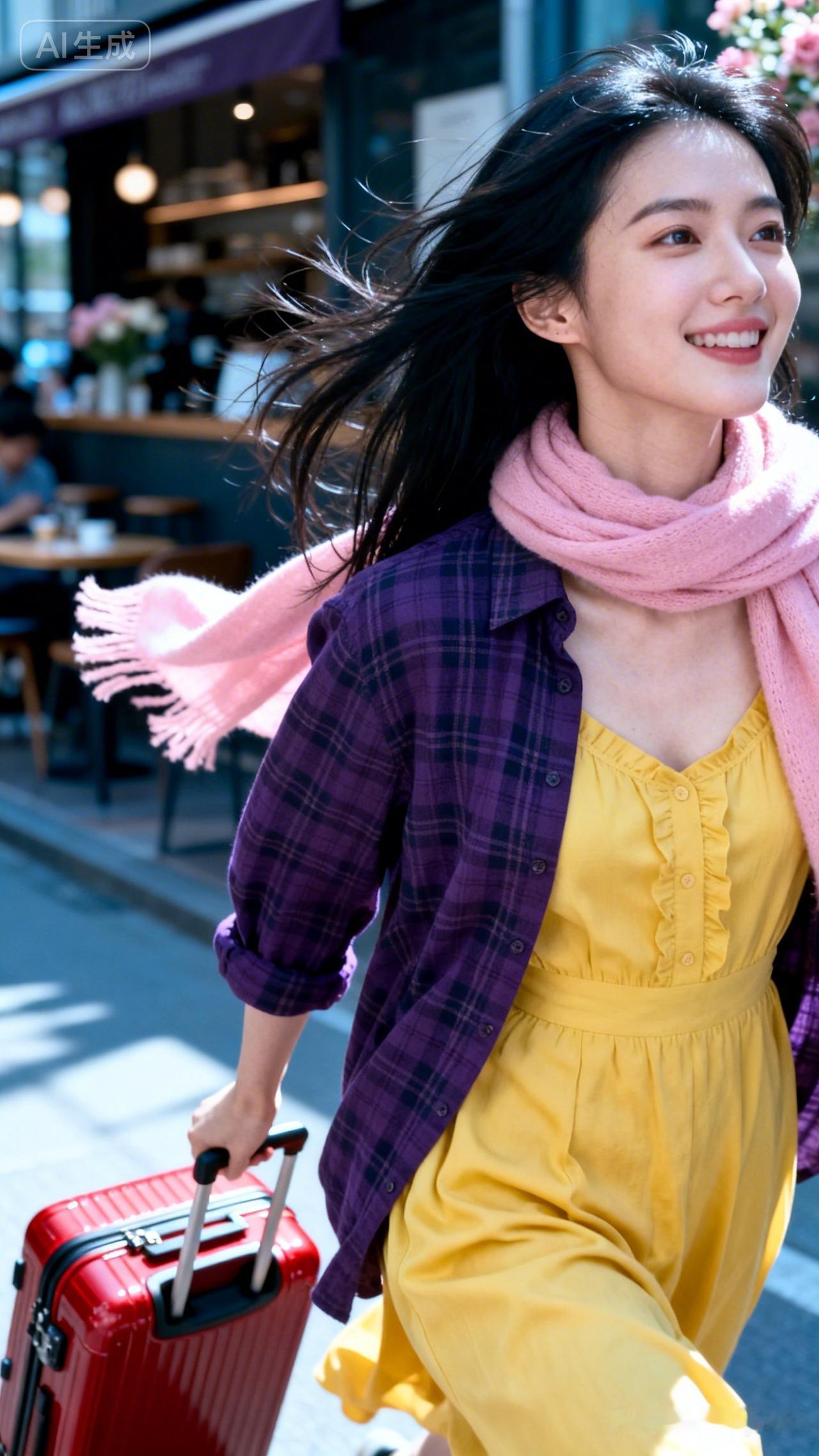 女孩拎着行李箱开心地走着。