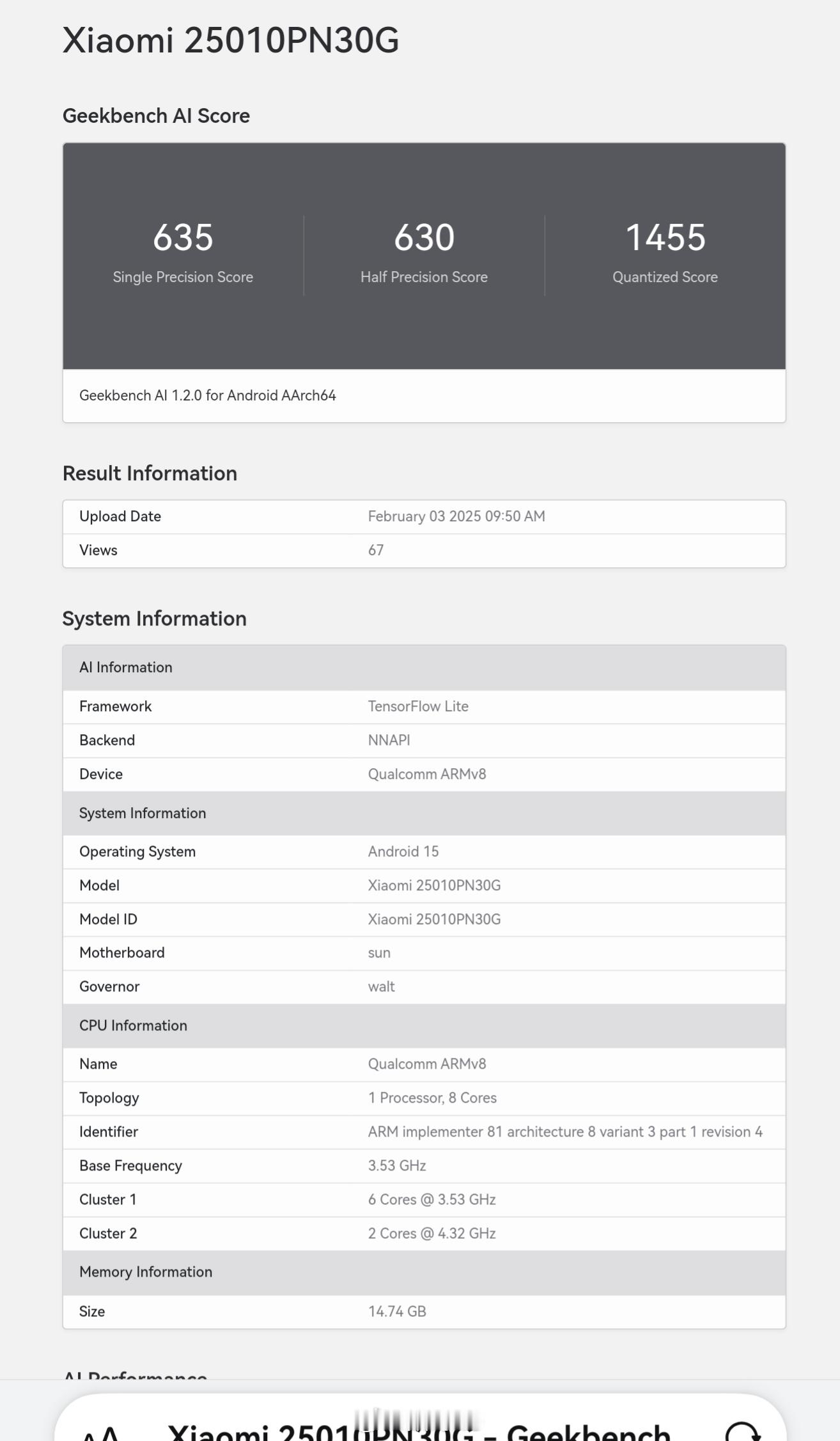 小米 15 Utra 国际版跑分现身 Geekbench Al[喵喵] 