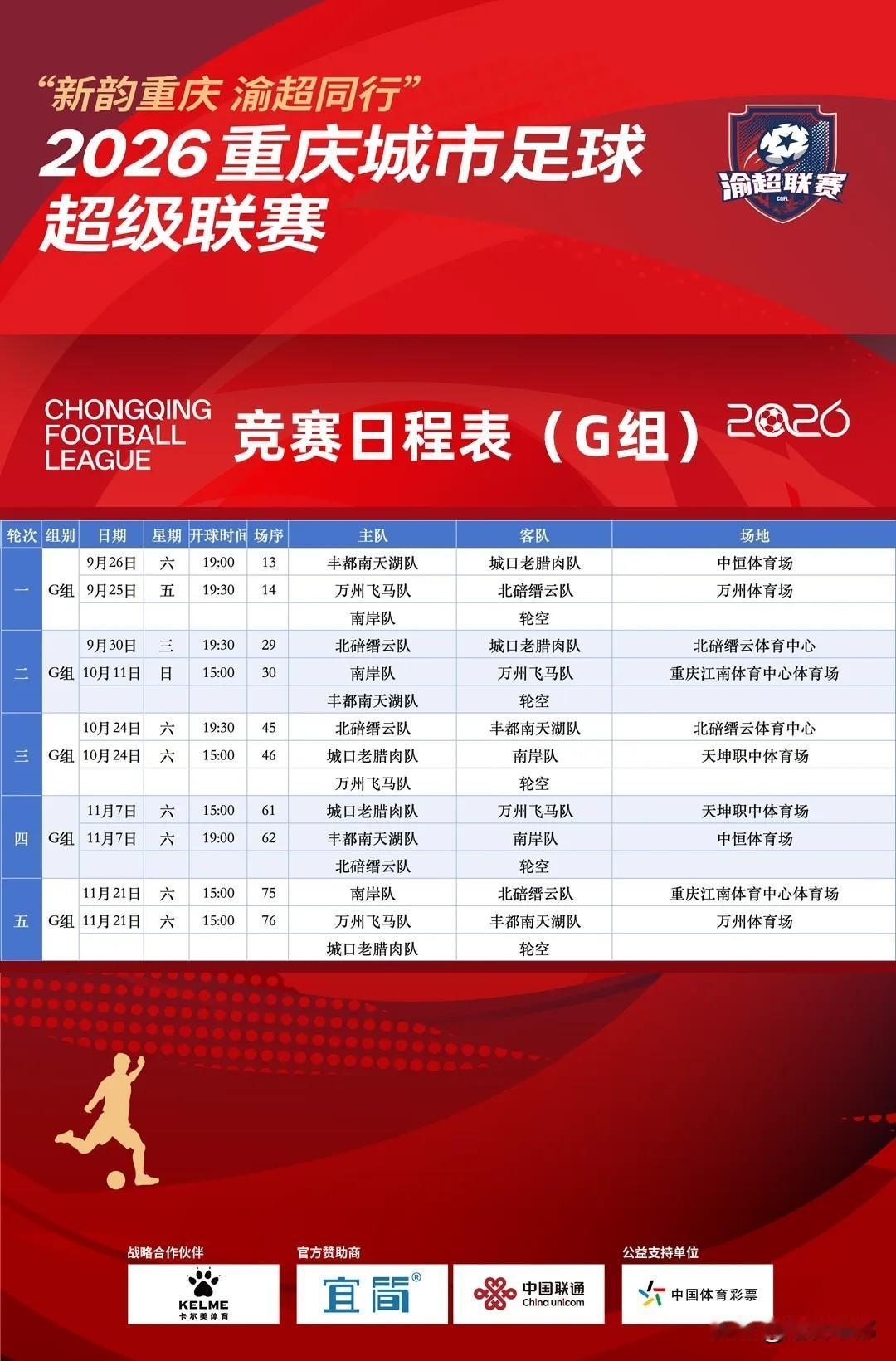 9月26日，丰都南天湖对战城口老腊肉
9月12日19:35，2026重庆城市足球