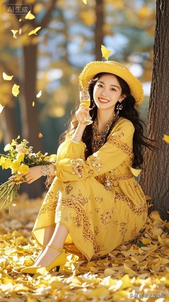 秋日暖阳下，优雅少女与花相伴，尽显温柔与浪漫。