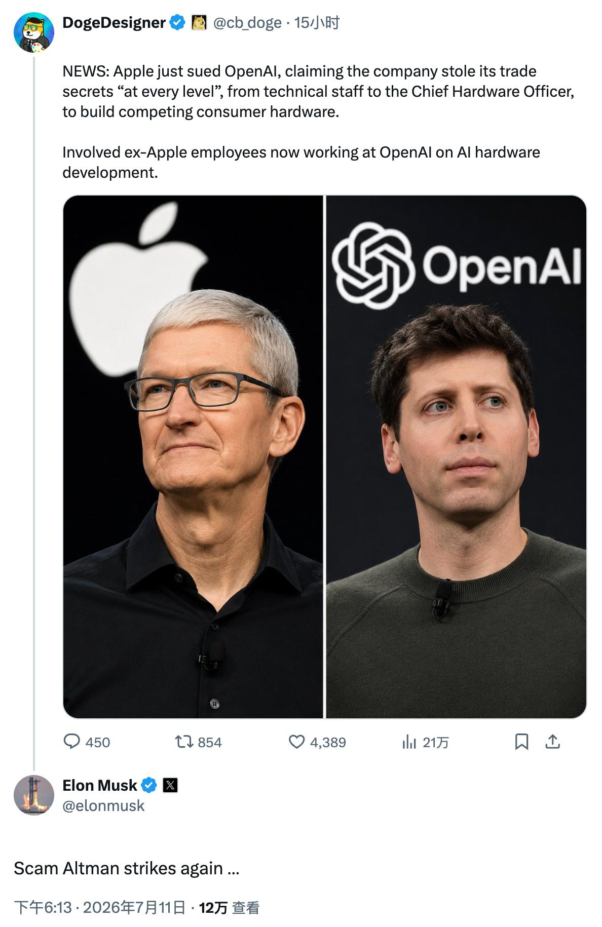 马斯克评价苹果起诉 OpenAI：骗子奥特曼又来了…… 