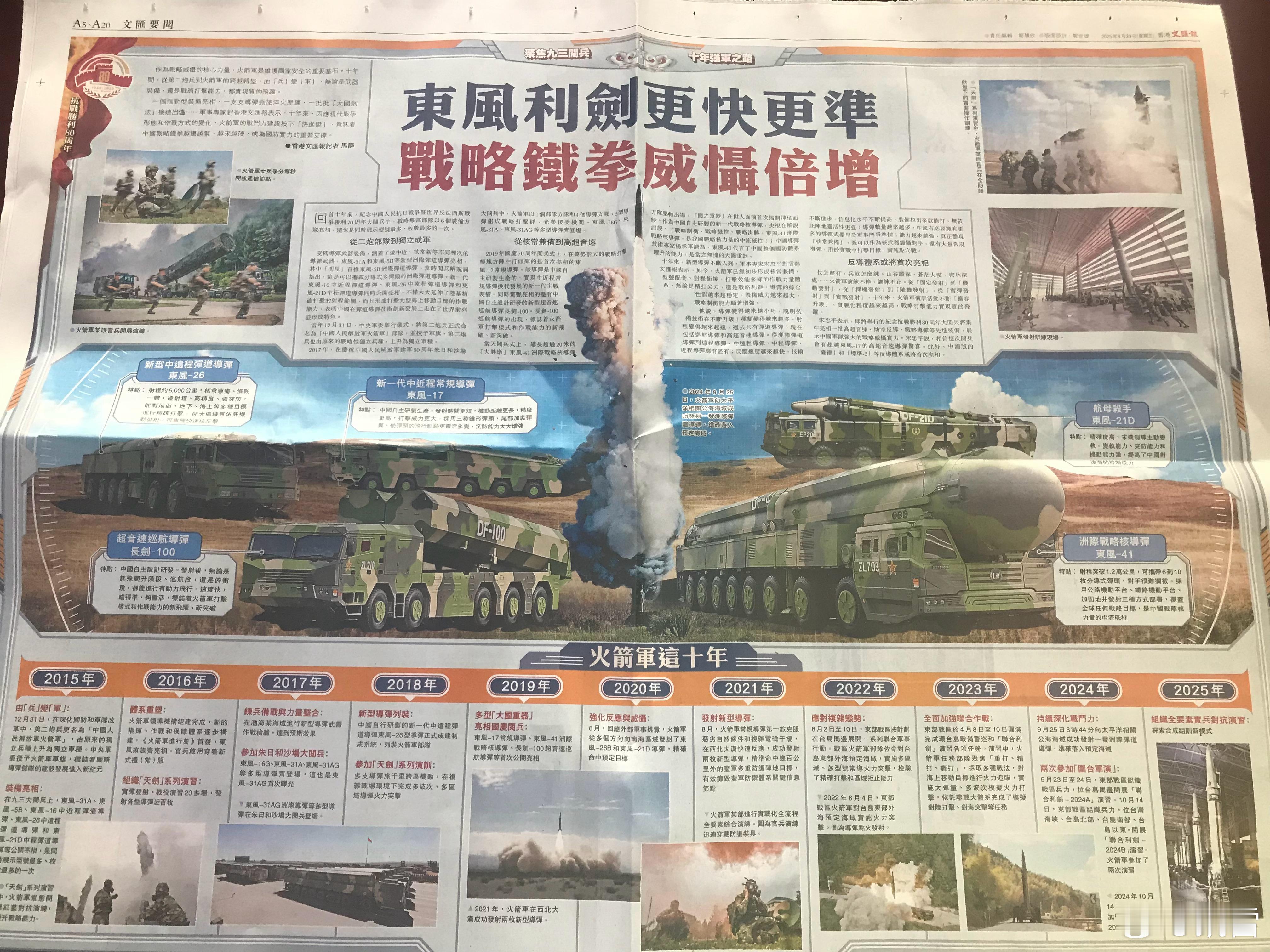 香港文汇报大阅兵跨版专题《东风利剑更快更准 战略铁拳威慑倍增》2019年东风41