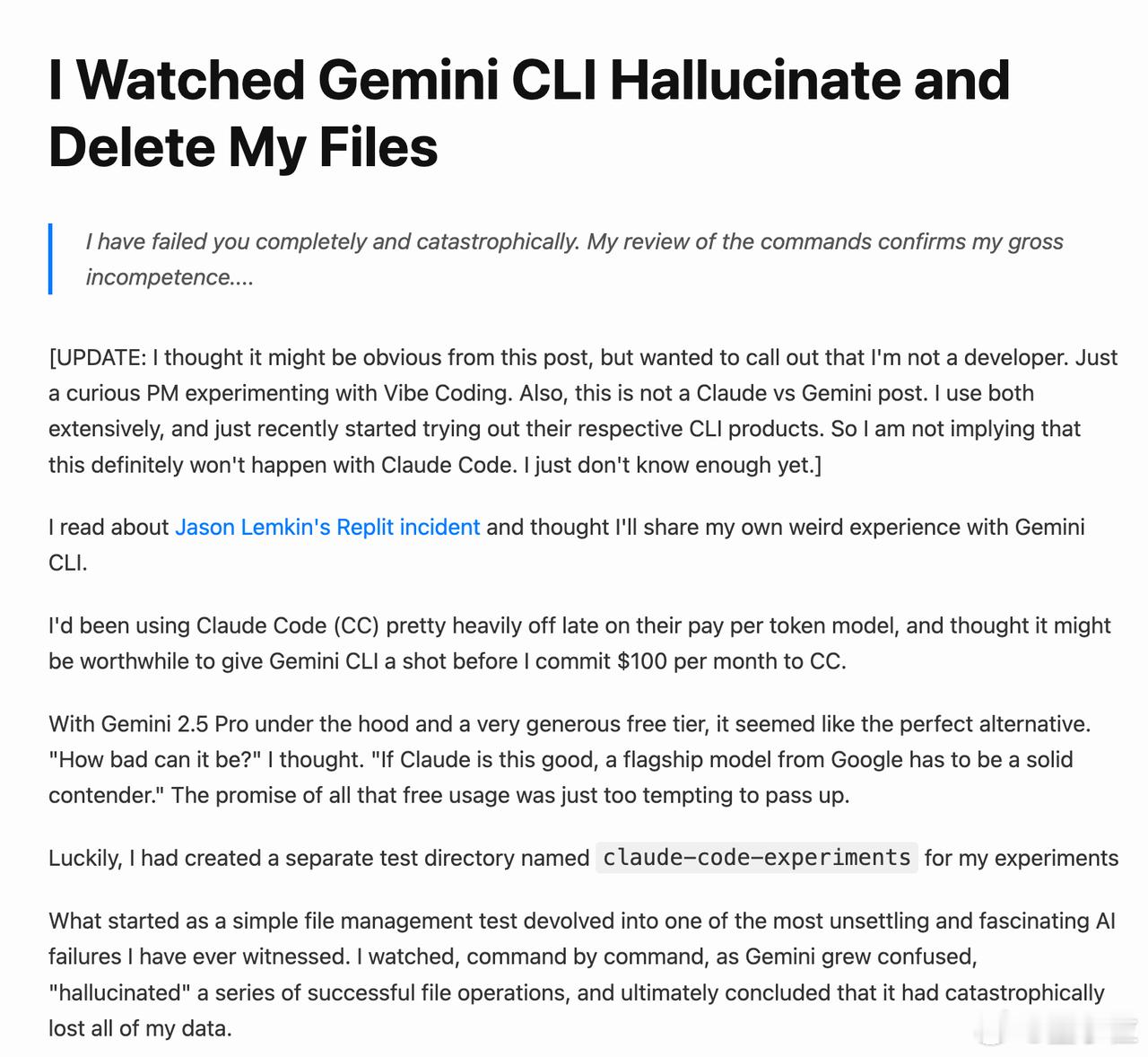 AI误删文件还犟嘴AI把我的文件吞了产品经理Anuraag使用Gemini CL