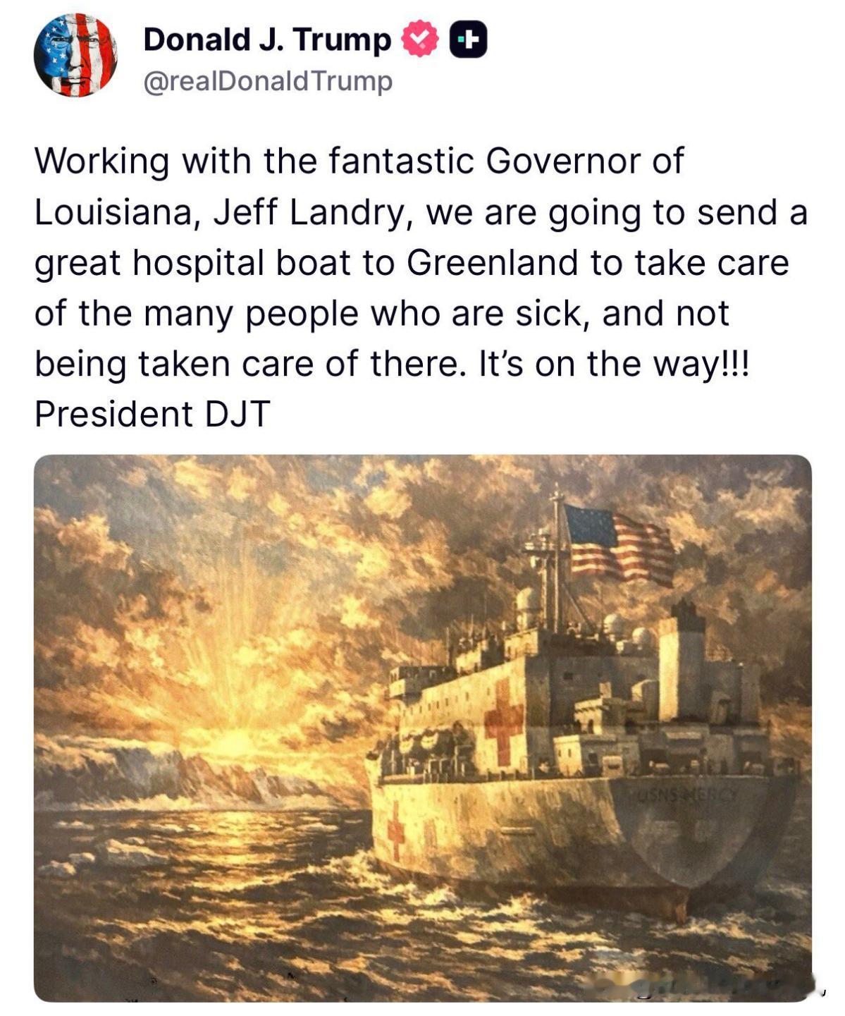 特朗普总统派遣一艘医疗船前往格陵兰岛！      特朗普还是没有放弃格林兰岛！