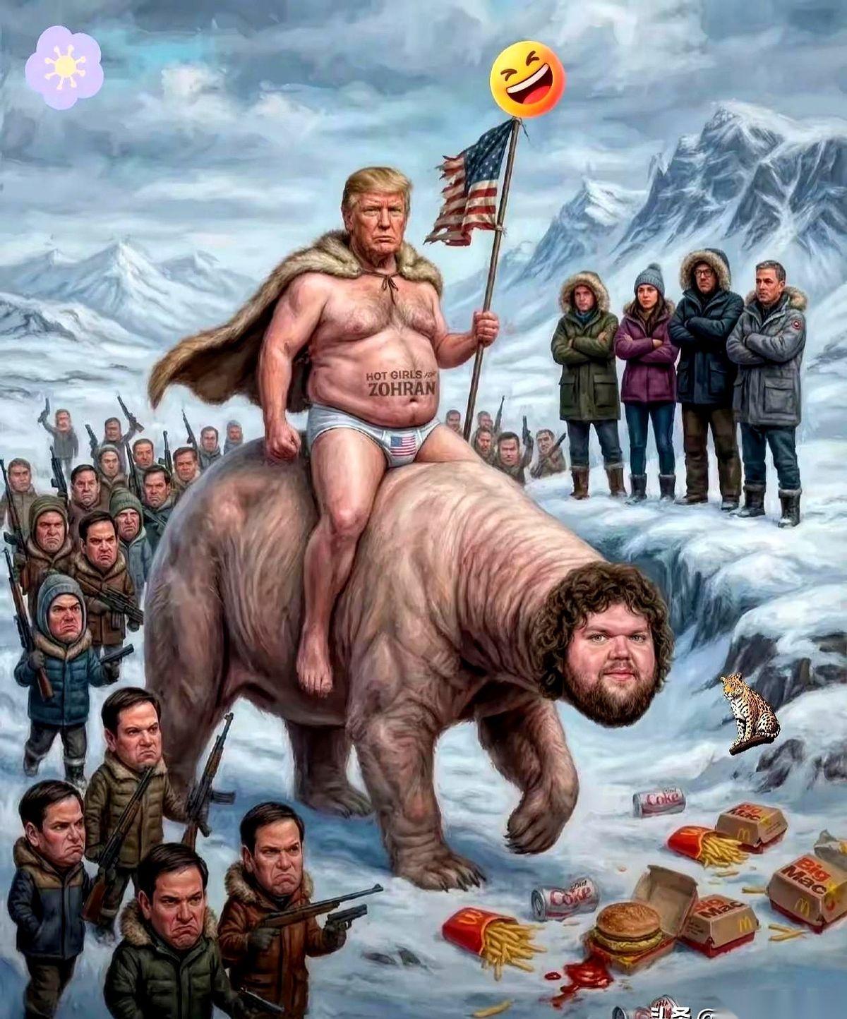 一张关于特朗普的漫画，直接冲上了热搜。
镜头拉近，一个几乎全裸的特朗普，下半身只