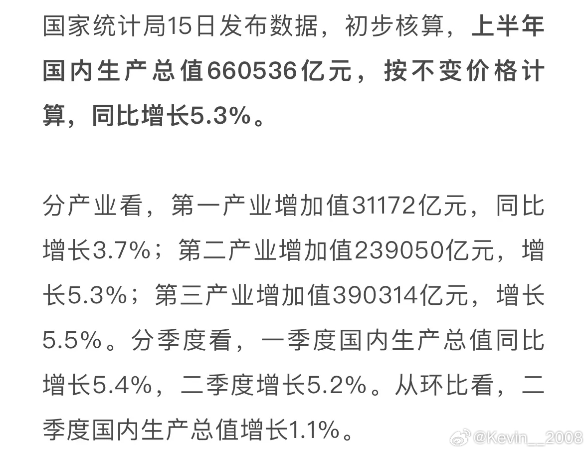 2025年上半年GDP发布了！国内生产总值660536亿元，同比增长5.3%，这