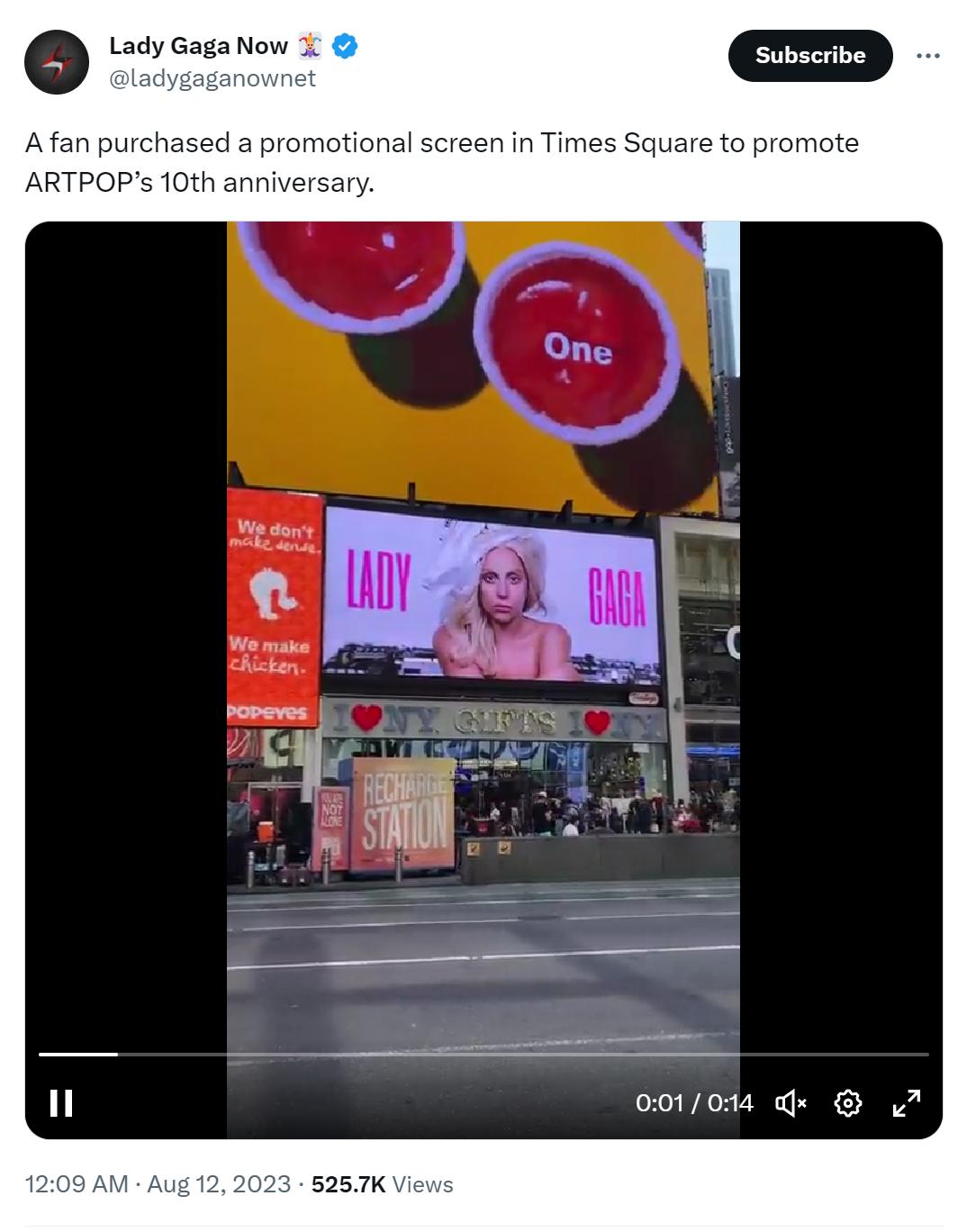 《ARTPOP》十周年广告登上美国时代广场，嘎嘎又炒冷饭了？
Lady Gaga