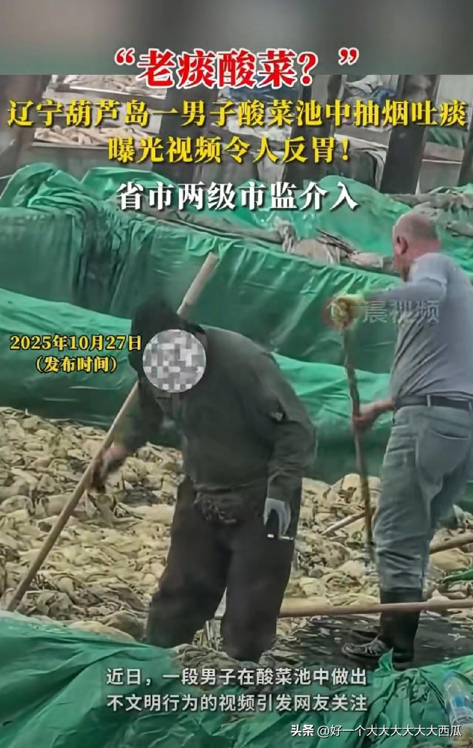 这个逆天的“老痰酸菜”是真的恶心，
工人在酸菜池里面抽烟吐痰，
这还是被看见的一