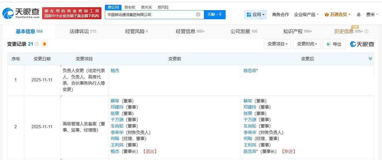 陈忠岳任中国移动集团董事长
中国移动集团换帅完成工商变更
天眼查工商信息显示，近