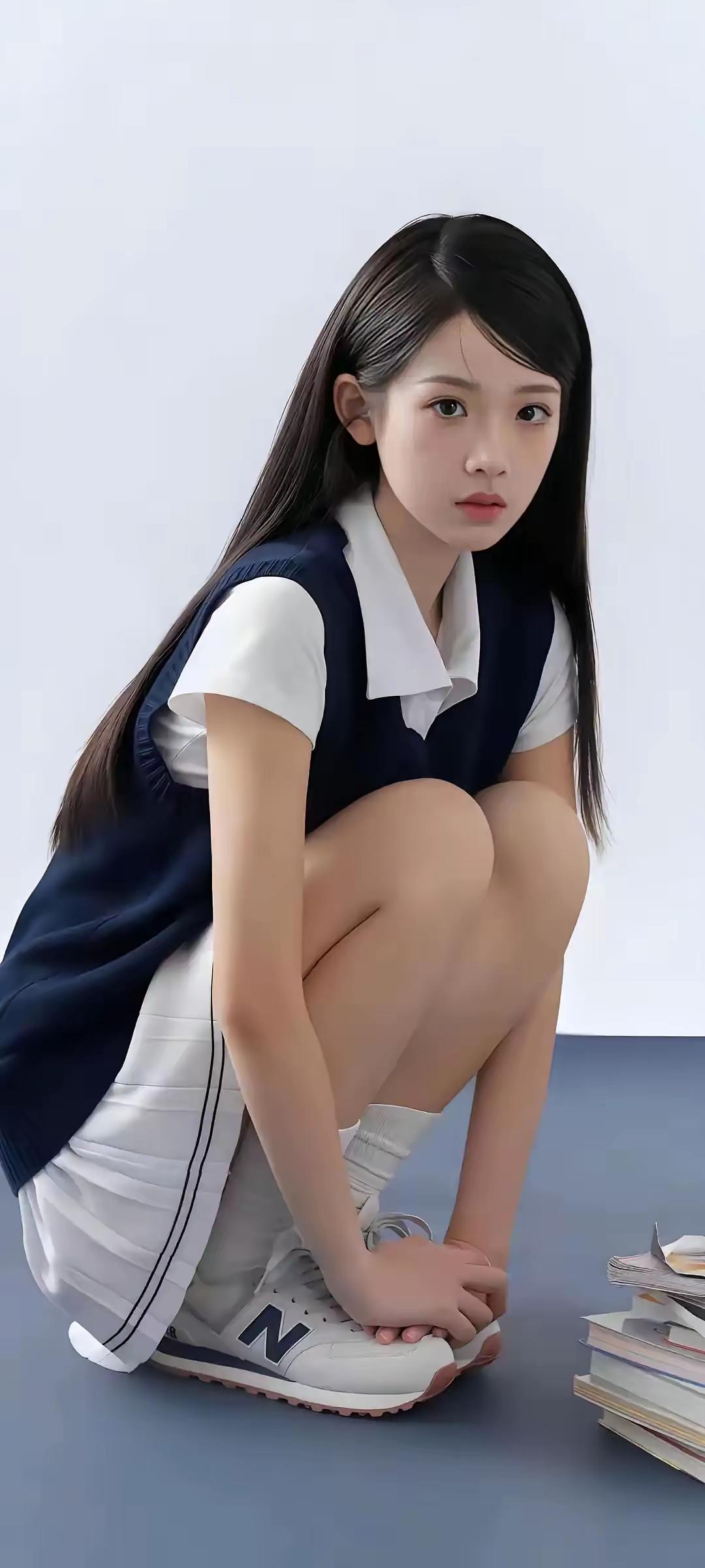 这个女生蹲着系鞋带，旁边有书。