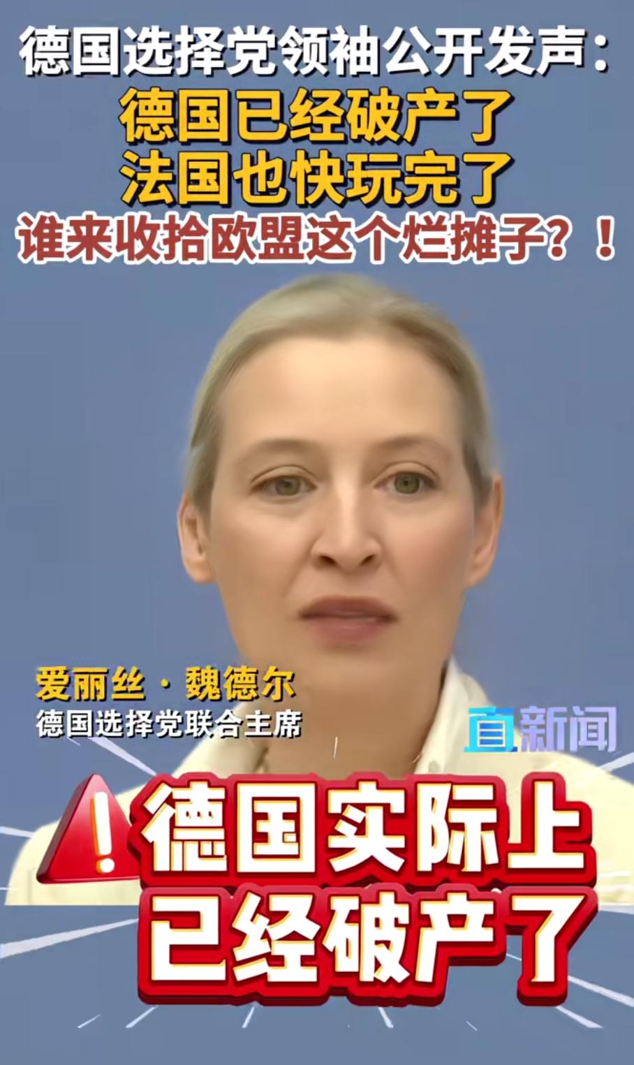 魏德尔直言：德国事实上已经破产，法国也岌岌可危。

为什么会这样呢？
 
这话听