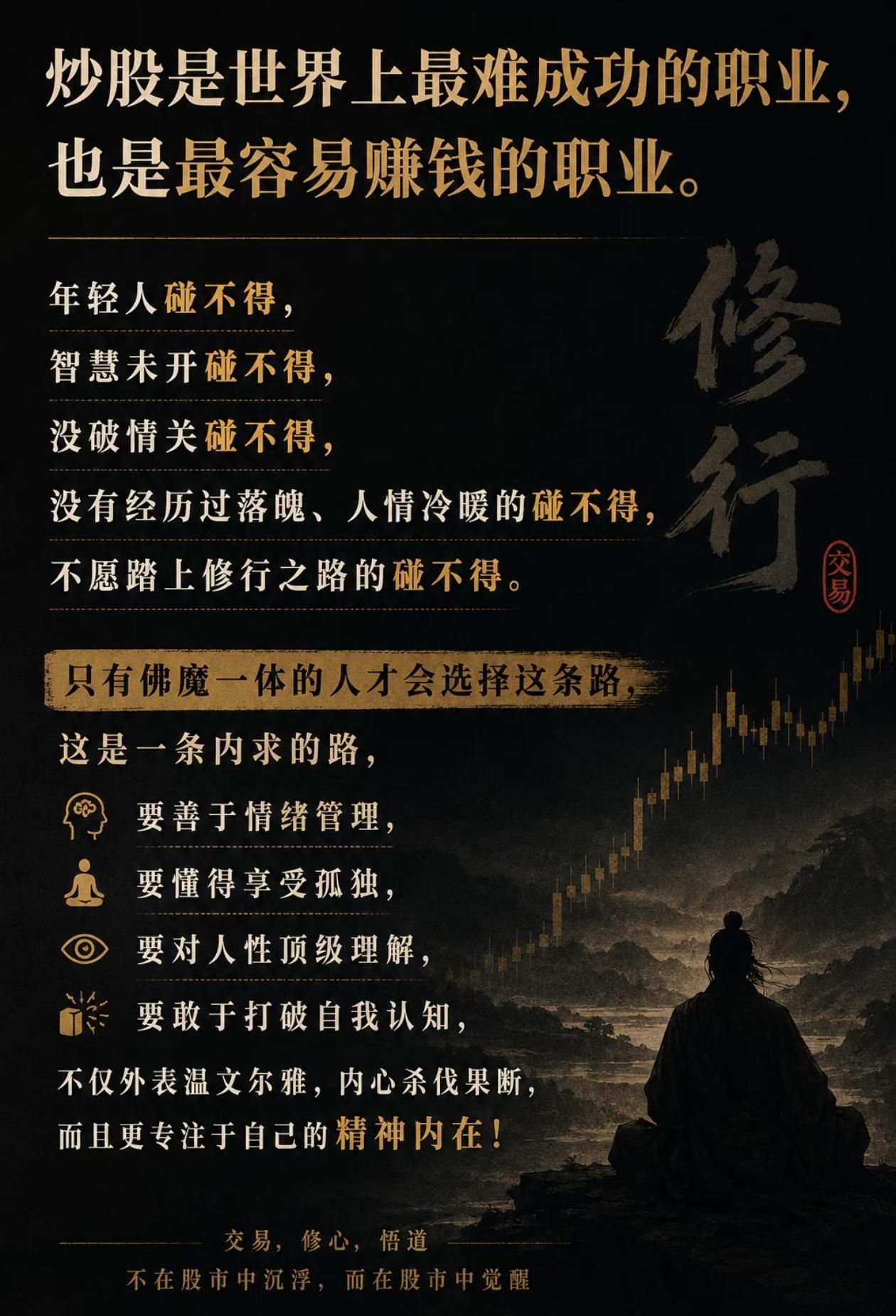 利弗莫尔说：“投资市场，从来都是修行场。”
 
炒股入门最简单，长期成功却最难。