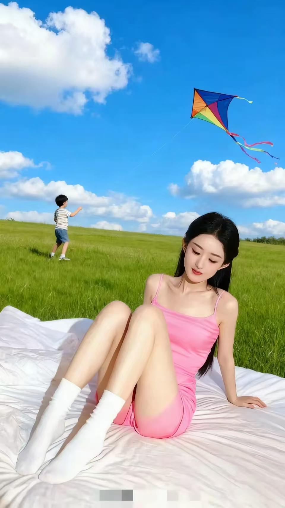 粉色裙摆遇上蓝天白云，身后风筝高飞，眼前绿意盎然，把春天装进温柔时光里。