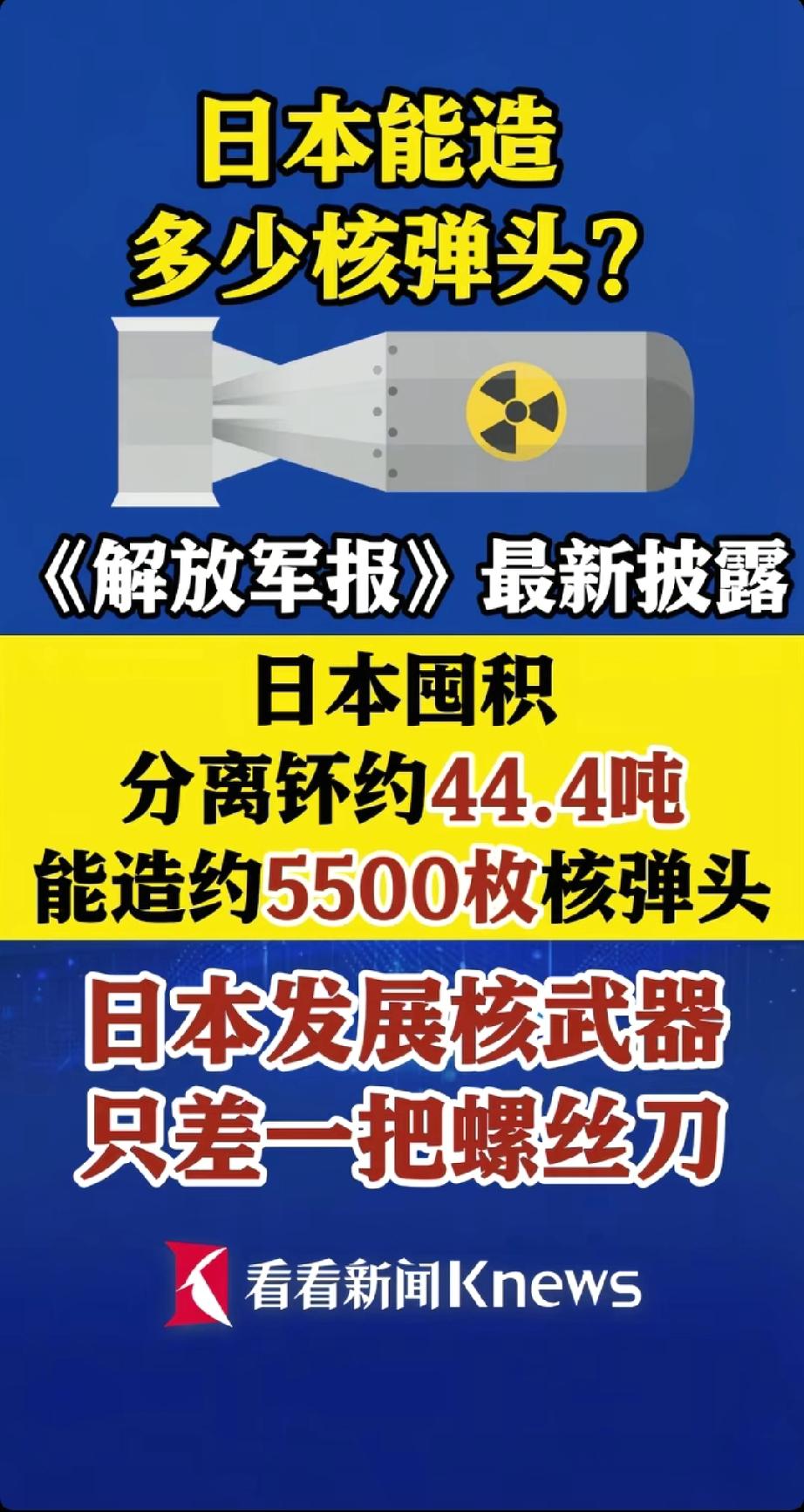 对小日子这是要干嘛。
解放军报最新披露：日本已囤积约44.4吨分离钚，足够制造约