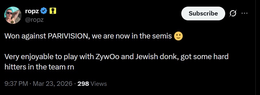 ropz发推：能和ZywOo还有犹太donk一起比赛非常开心