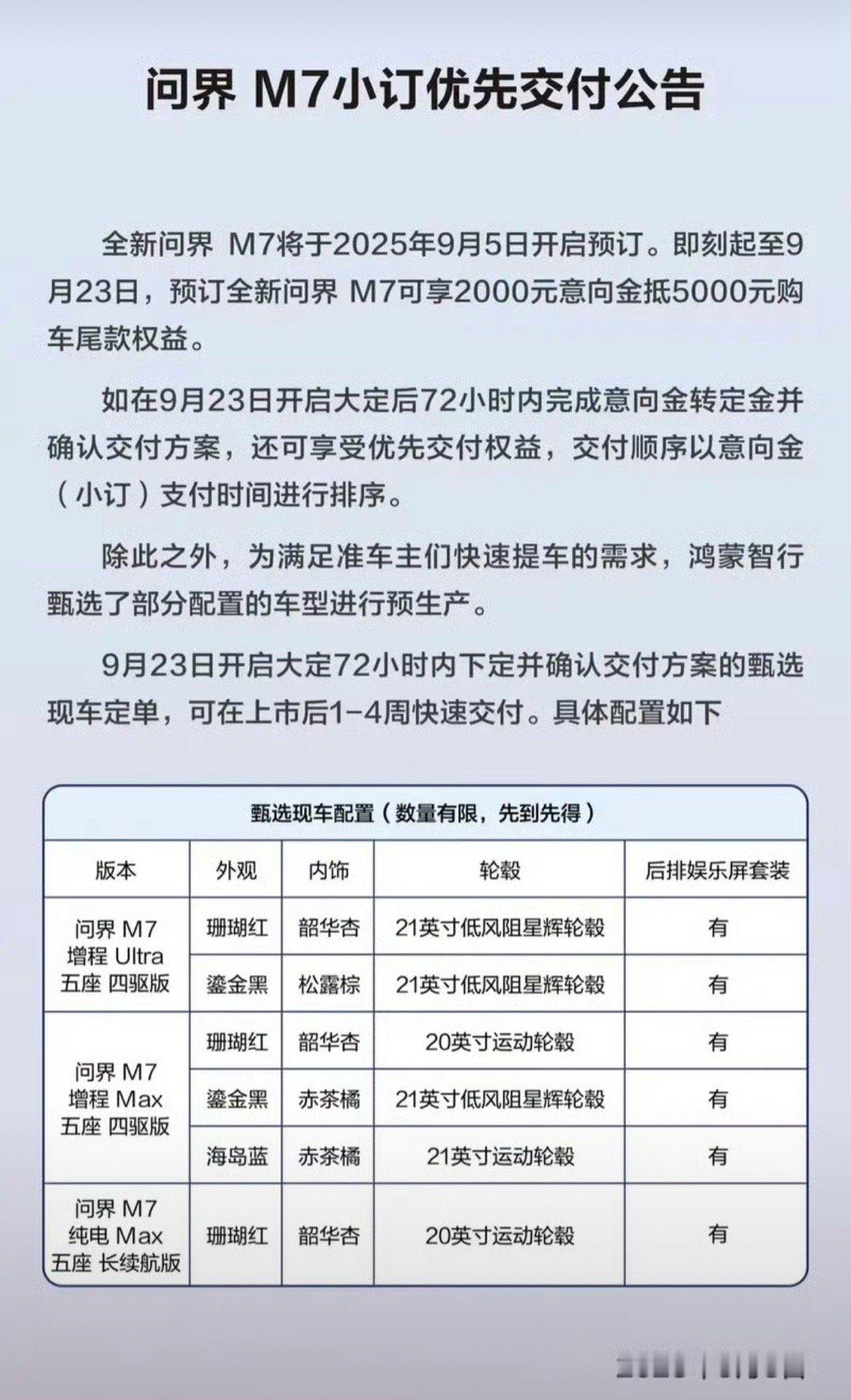 【问界发布M7小订优先交付公告 可在上市后1-4周快速交付】9月5日，全新问界M